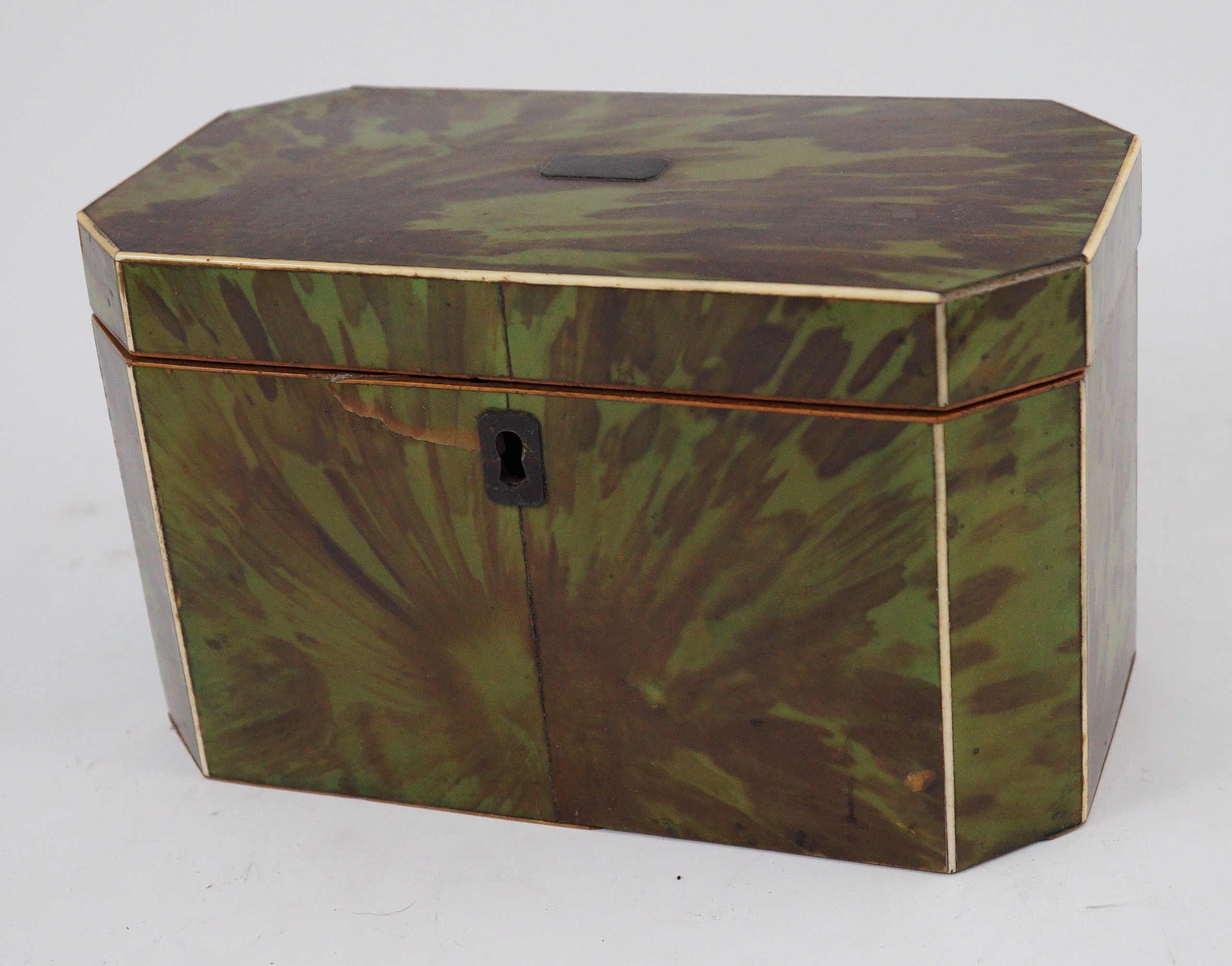 A George III green stained tortoiseshell and ivory octagonal tea caddy, 18.5cm wide 9.5cm deep 11cm high